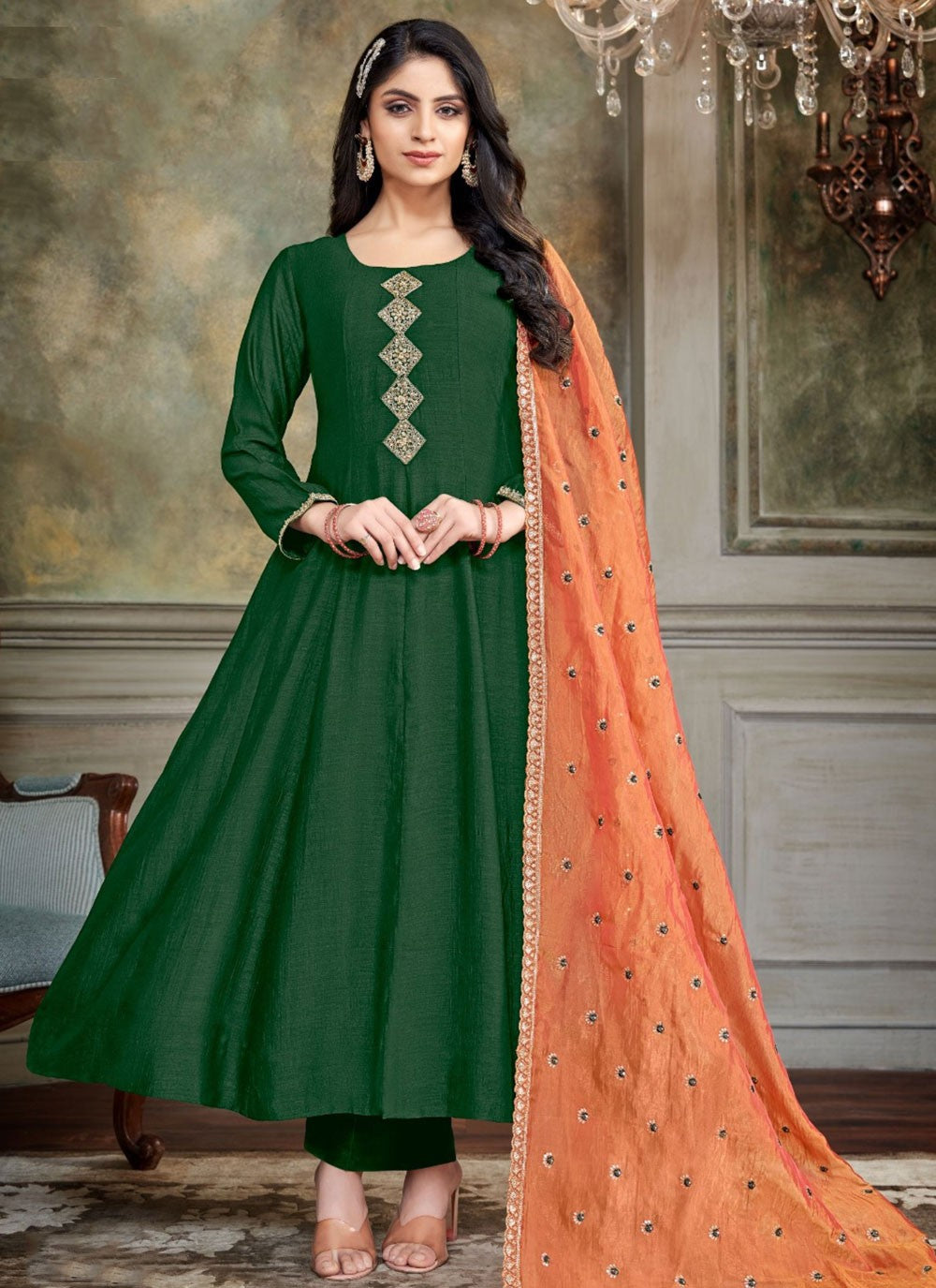 Salwar Suit Embroidered Green Jacquard T5460