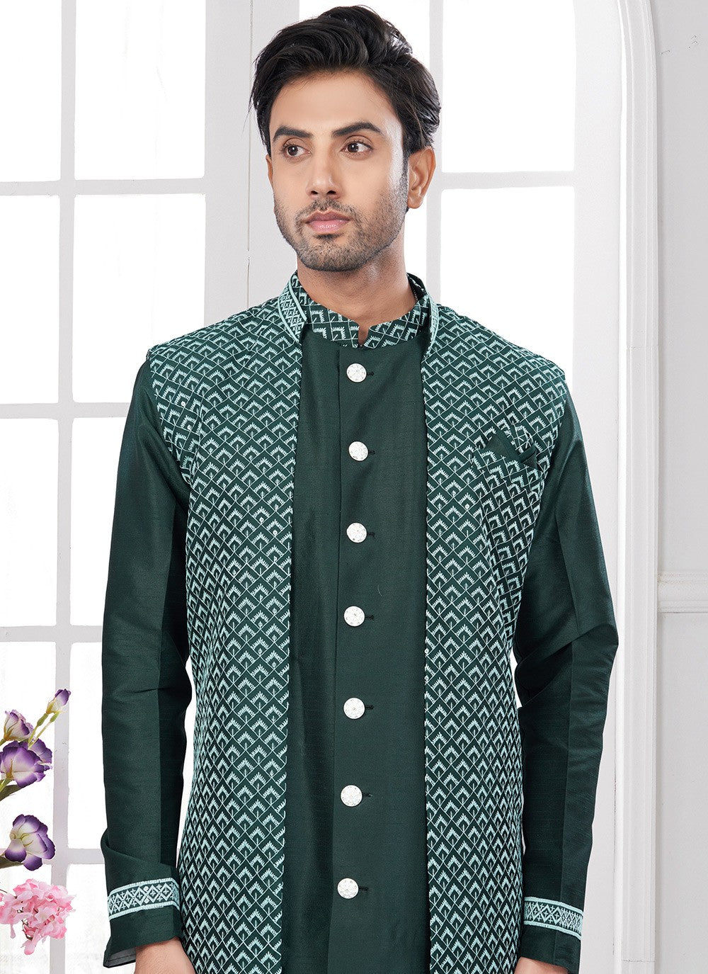 Embroidered Art Silk Green Indo Western Sherwani - M8598