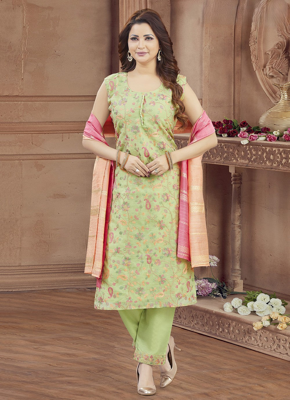 Pant Style Suit Embroidered Green T8049