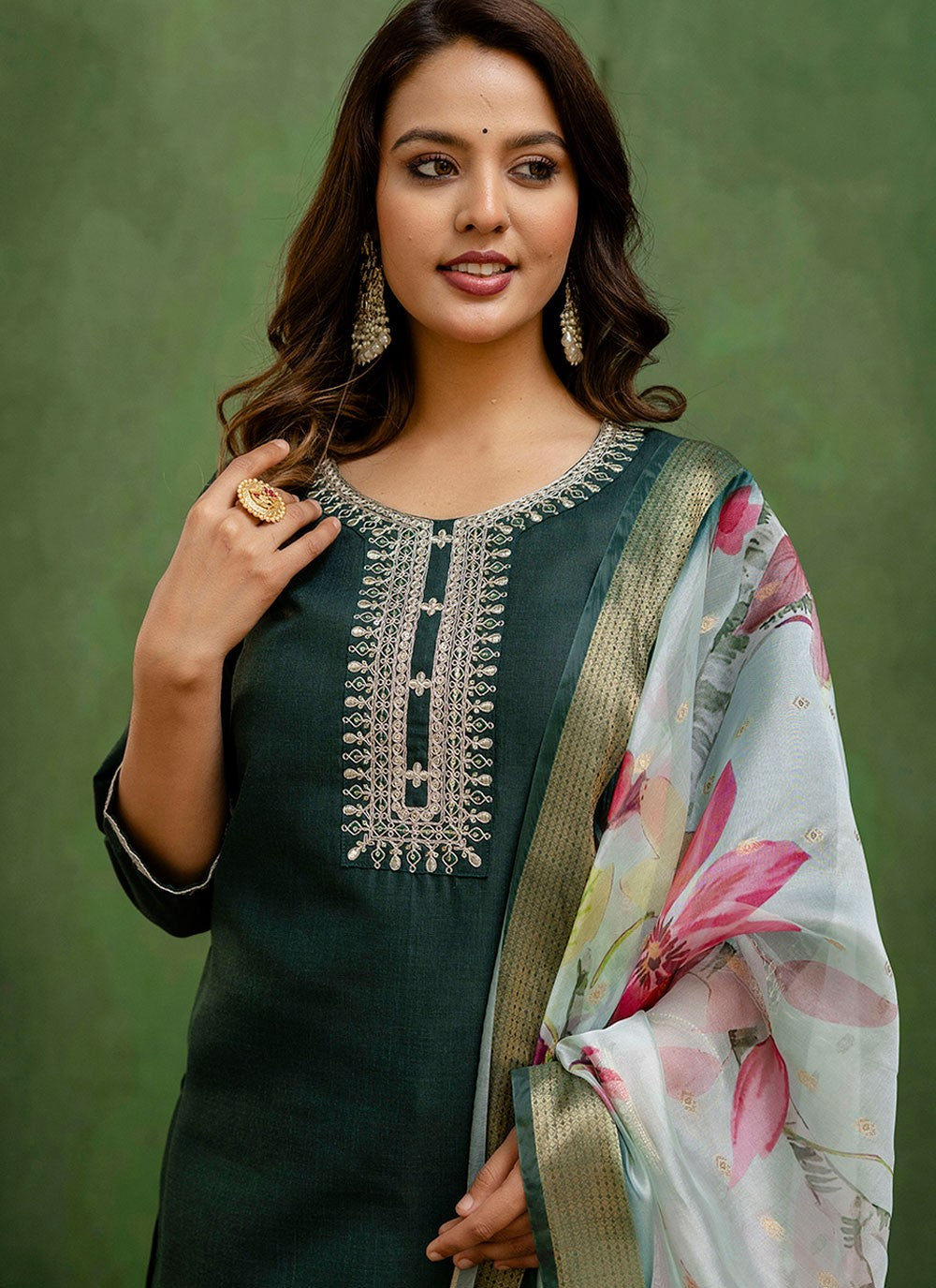 Pant Style Suit Embroidered Green T7791