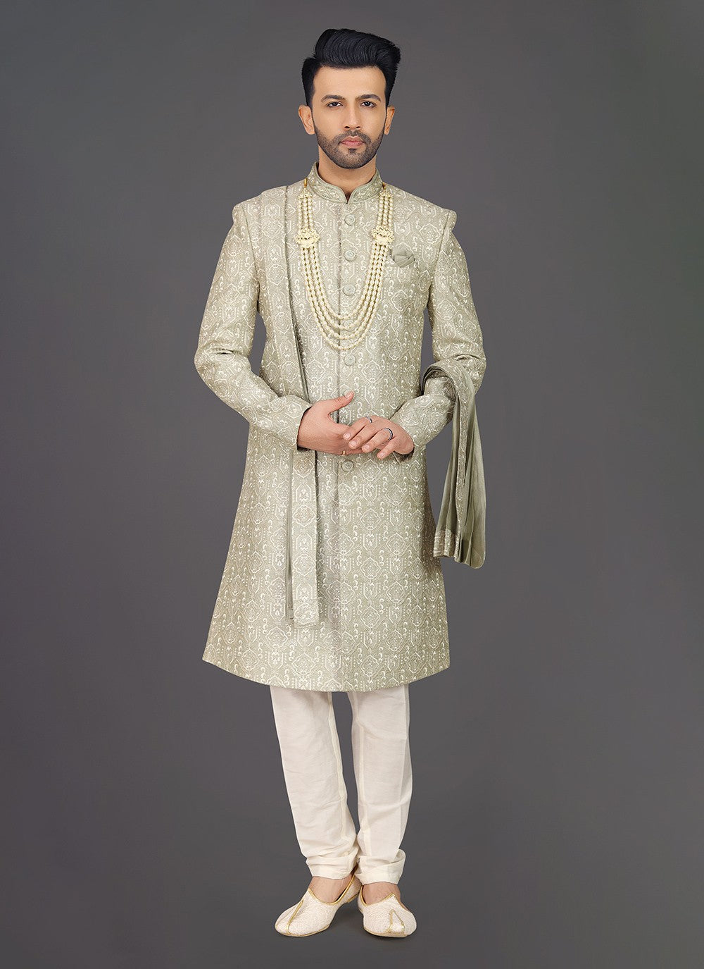 Embroidered Silk Green Sherwani - M7960