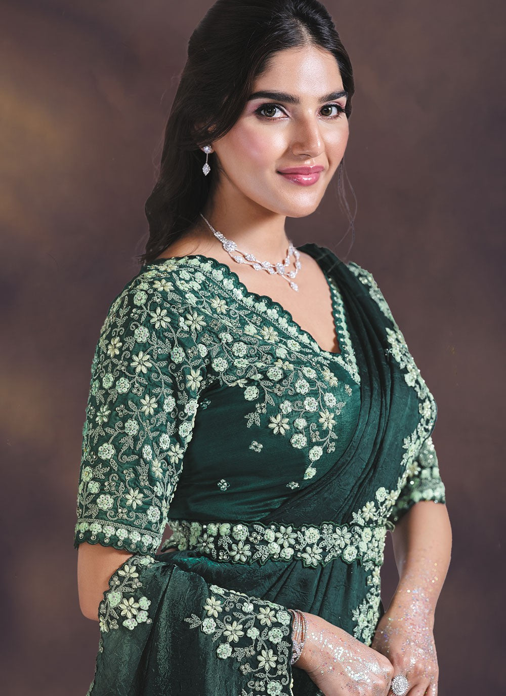 Green Satin Silk Trendy Saree Embroidered, Sequins S20472