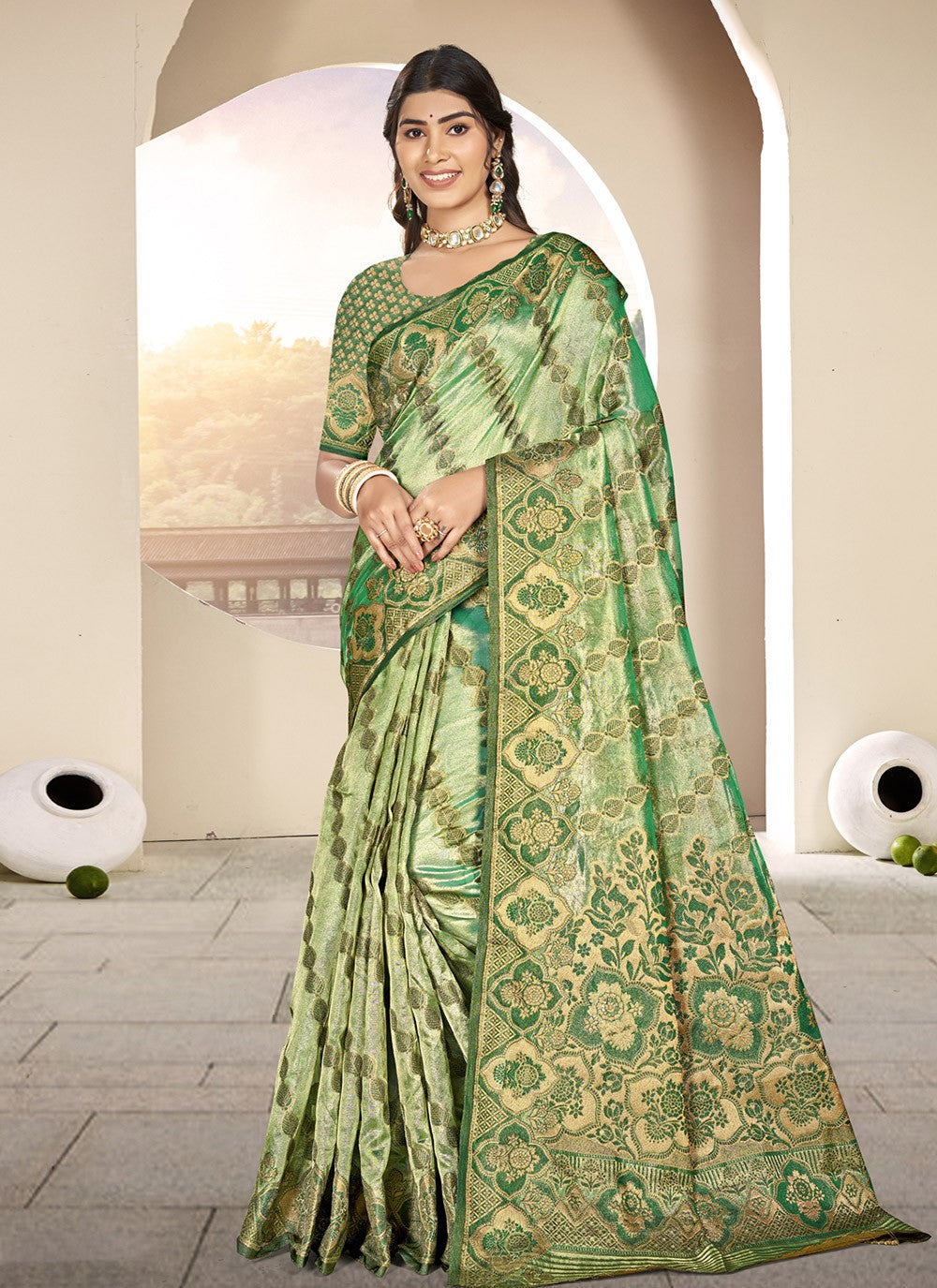 Weaving Zari Organza Green Saree S14562