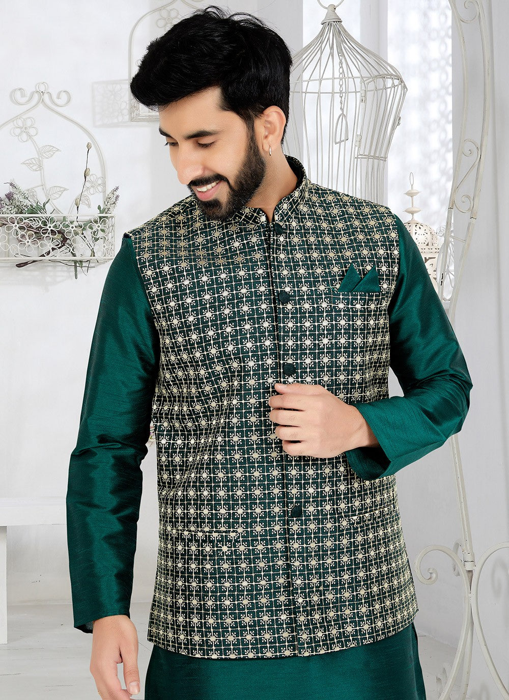Fancy Work Banarasi Silk Green Kurta Payjama With Jacket - M5302
