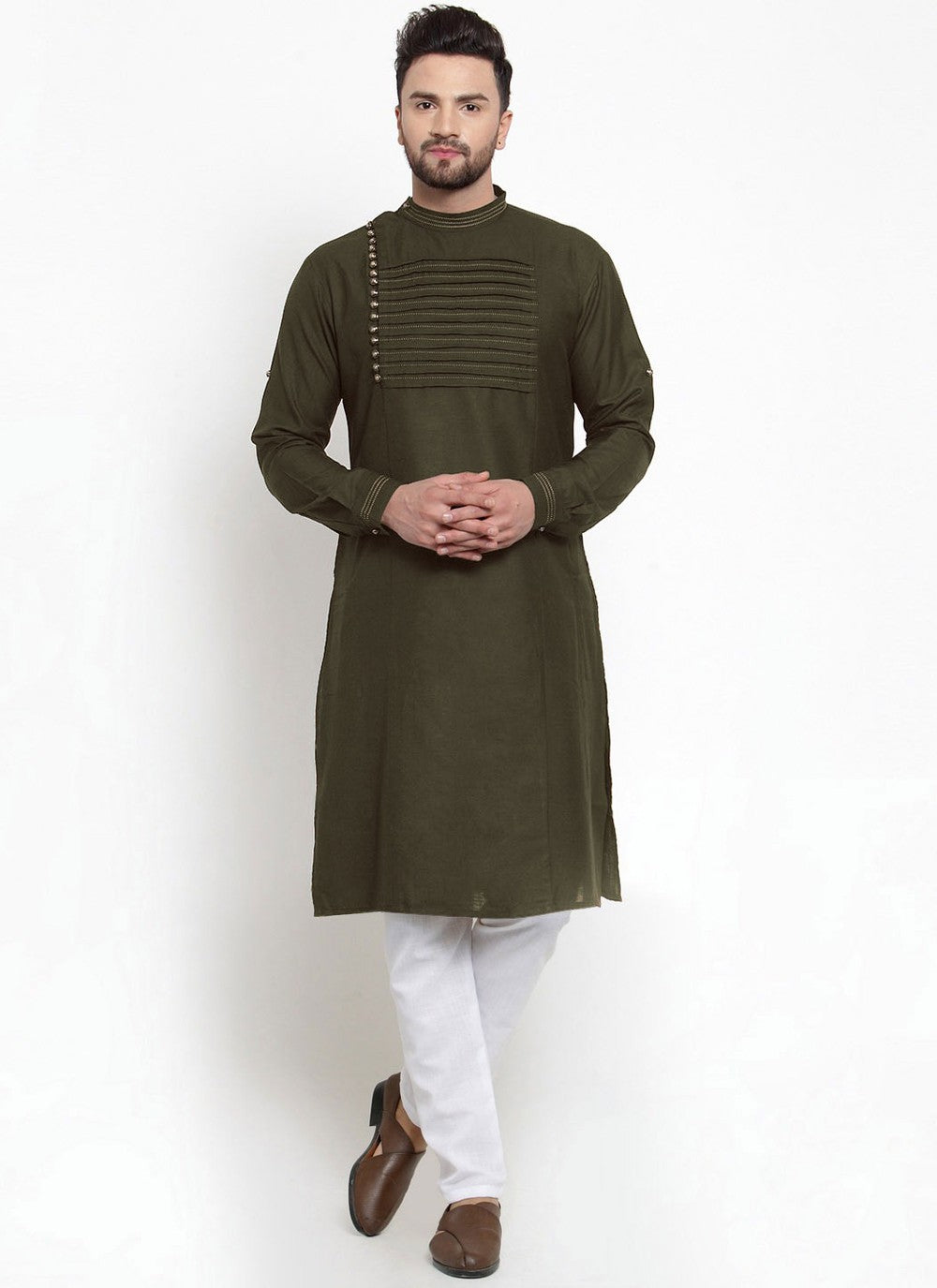 Fancy Work Blended Cotton Green Kurta - M4539