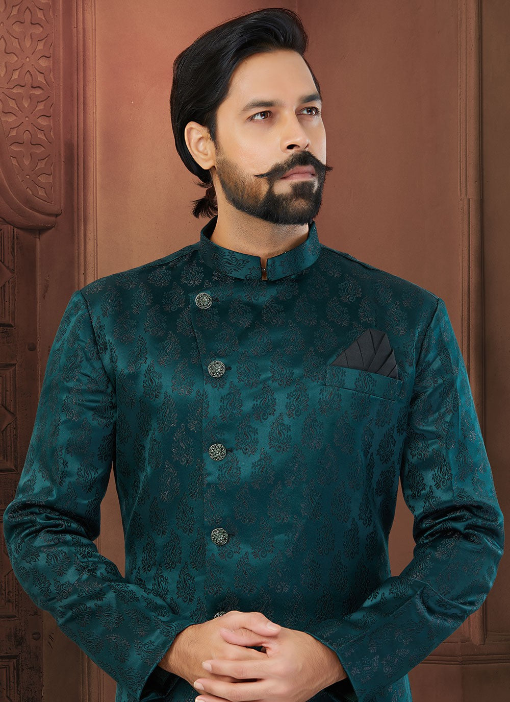 Fancy Work Jacquard Green Indo Western Sherwani - M5804