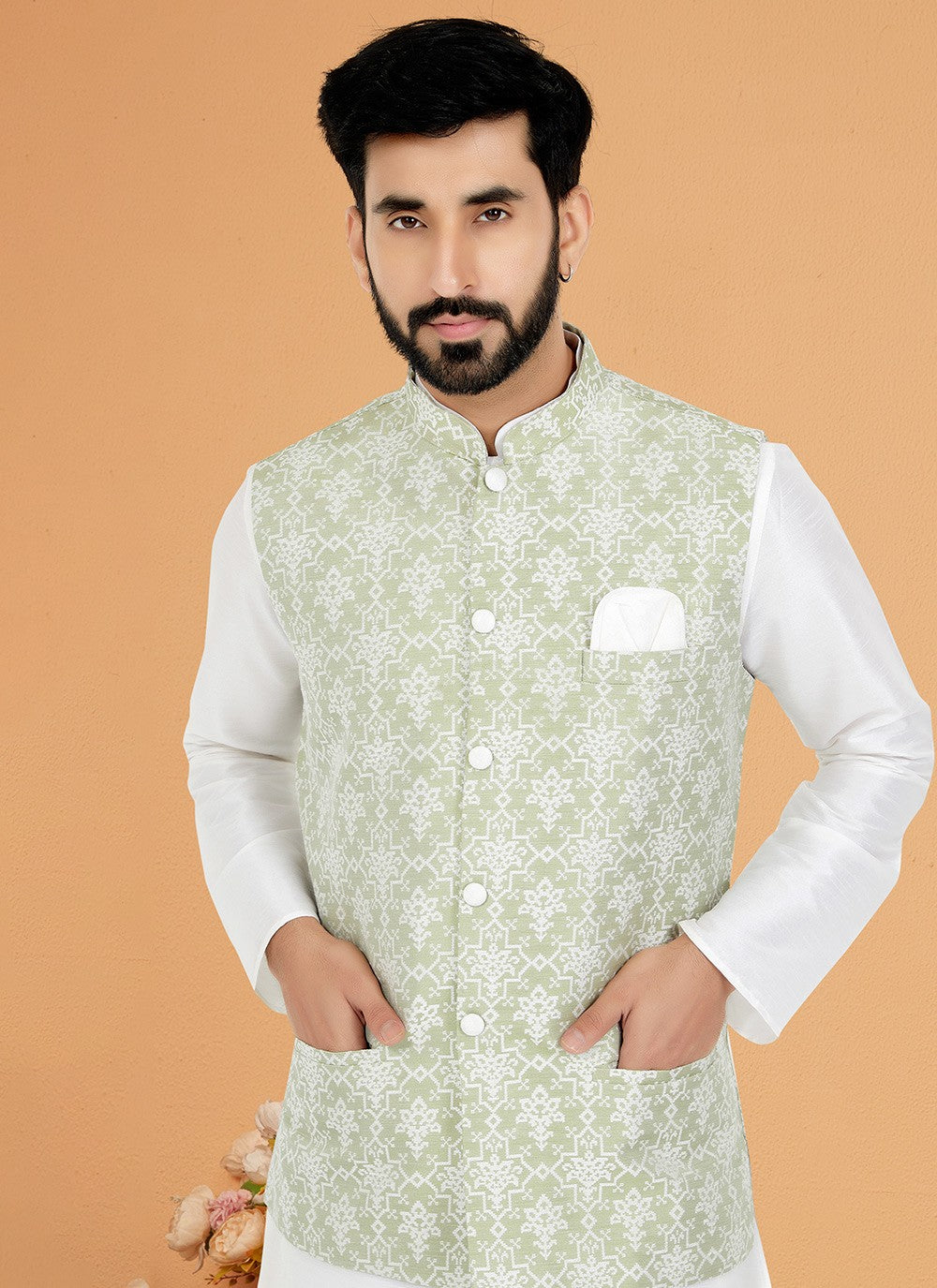Fancy Work Jacquard Green Nehru Jackets - M7509