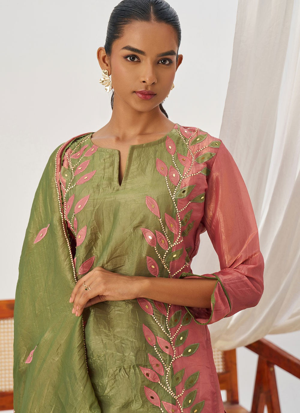 Pant Style Suit Embroidered, Fancy Work, Mirror Green T8235