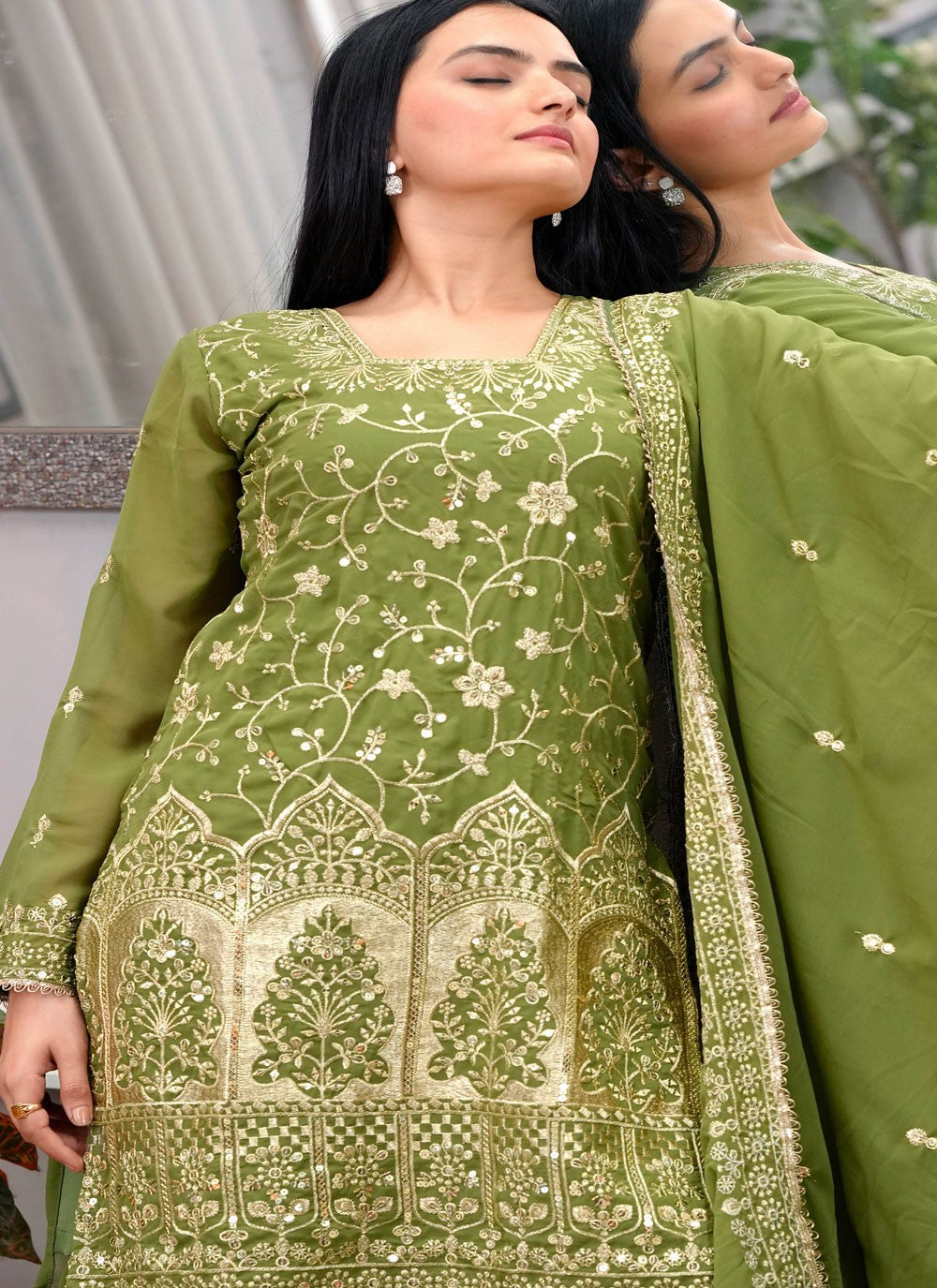 Palazzo Suit Embroidered, Sequins, Zari Green T7714
