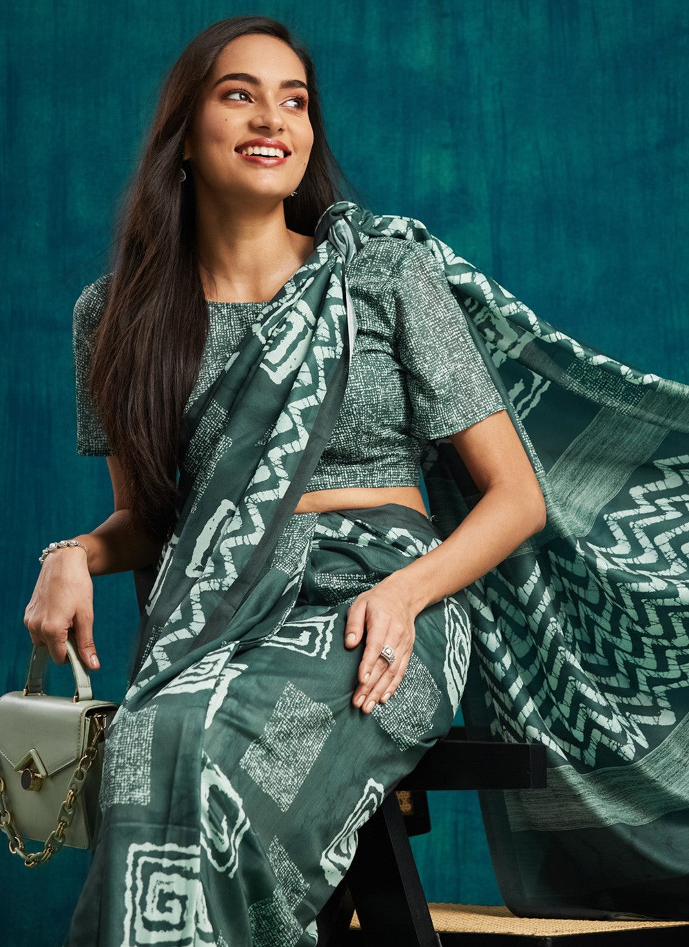 Green Muslin Contemporary Saree Digital Print S17083