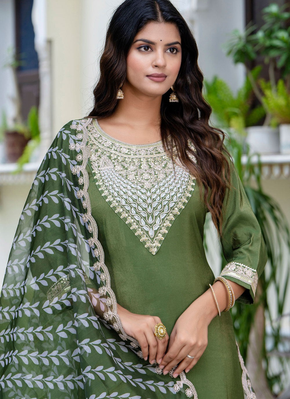 Pant Style Suit Embroidered Green T7574