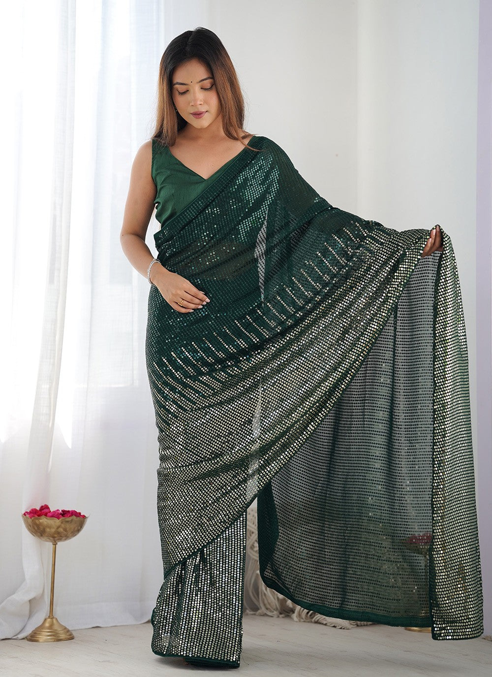 Trendy Saree Embroidered Green Georgette S12405