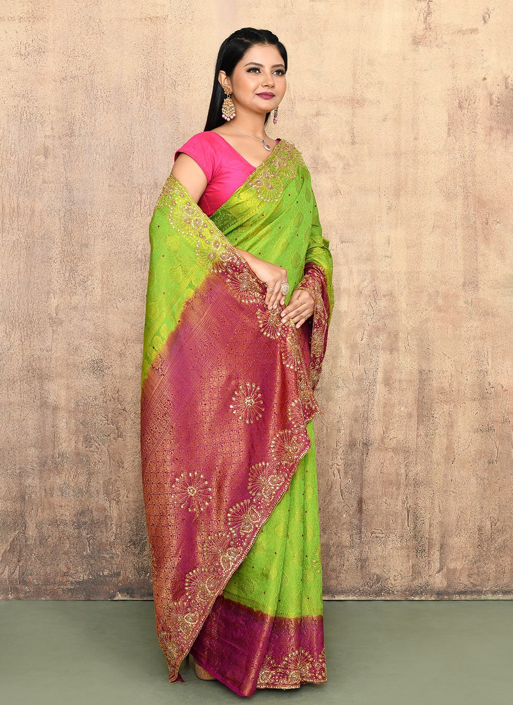 Trendy Saree Hand Embroidery Green Kanjivaram Silk Saree S13143