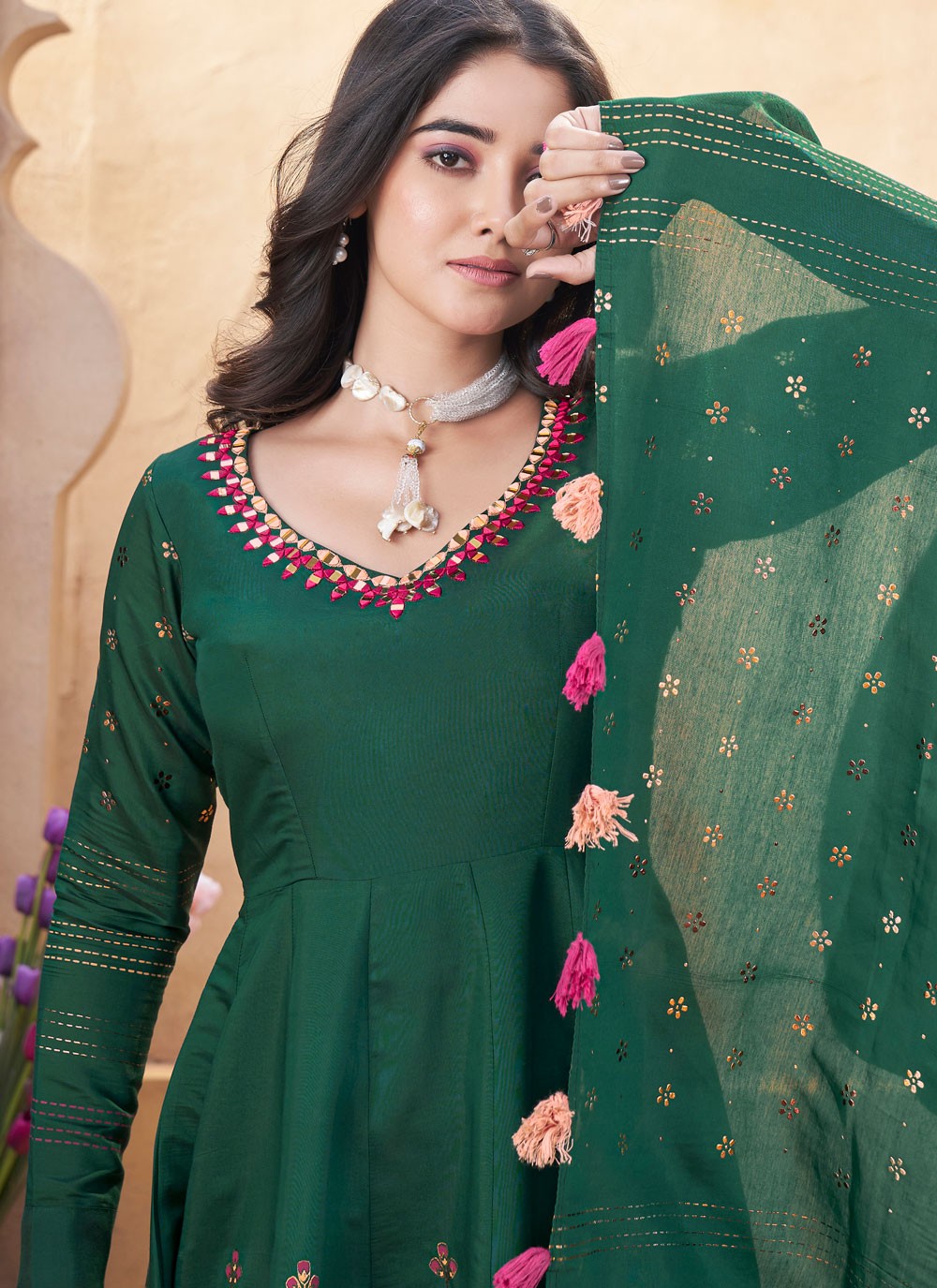 Salwar Suit Foliage Prints Green Silk T5604