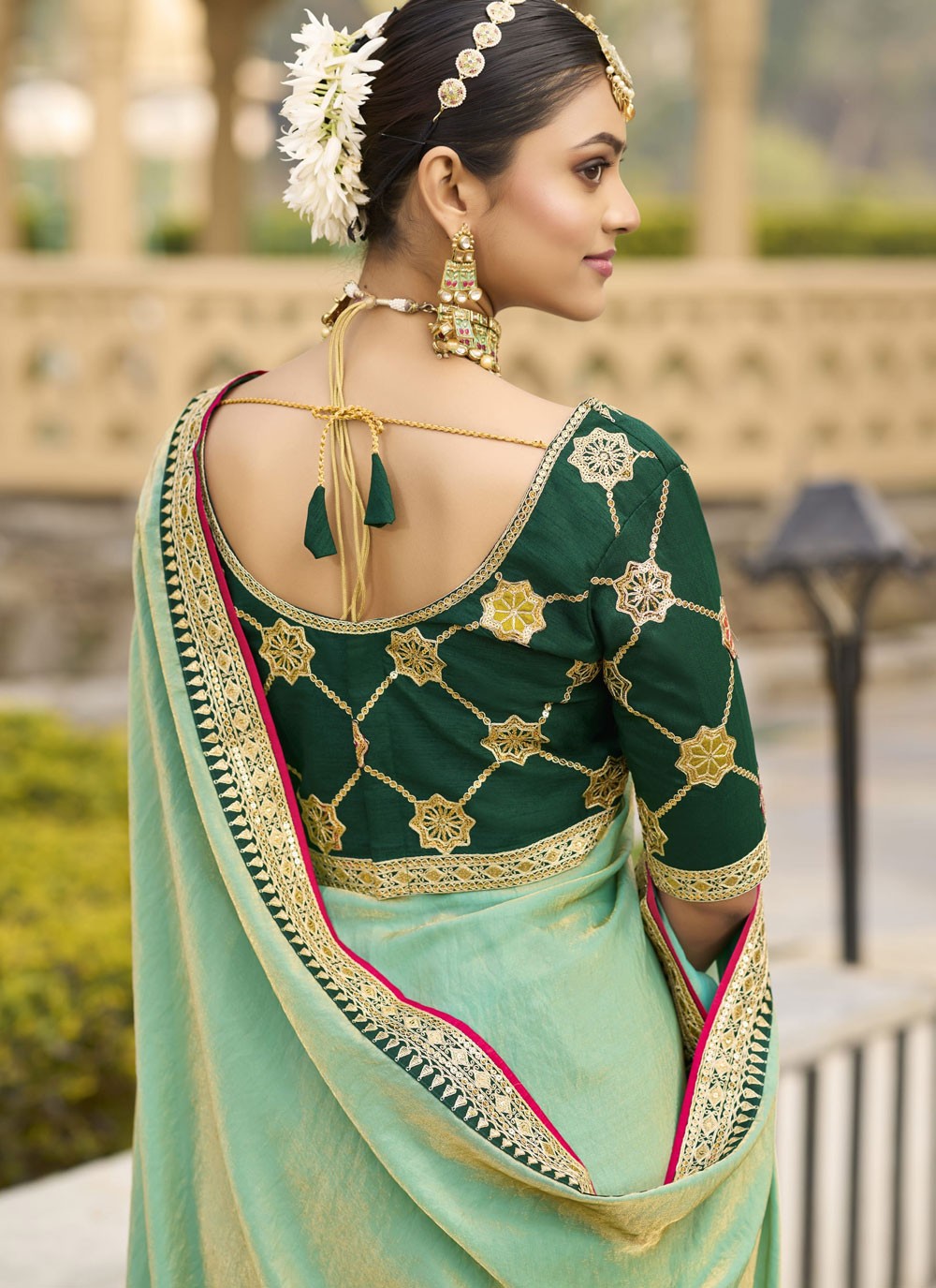 Border Work Georgette Green Trendy Saree S15354