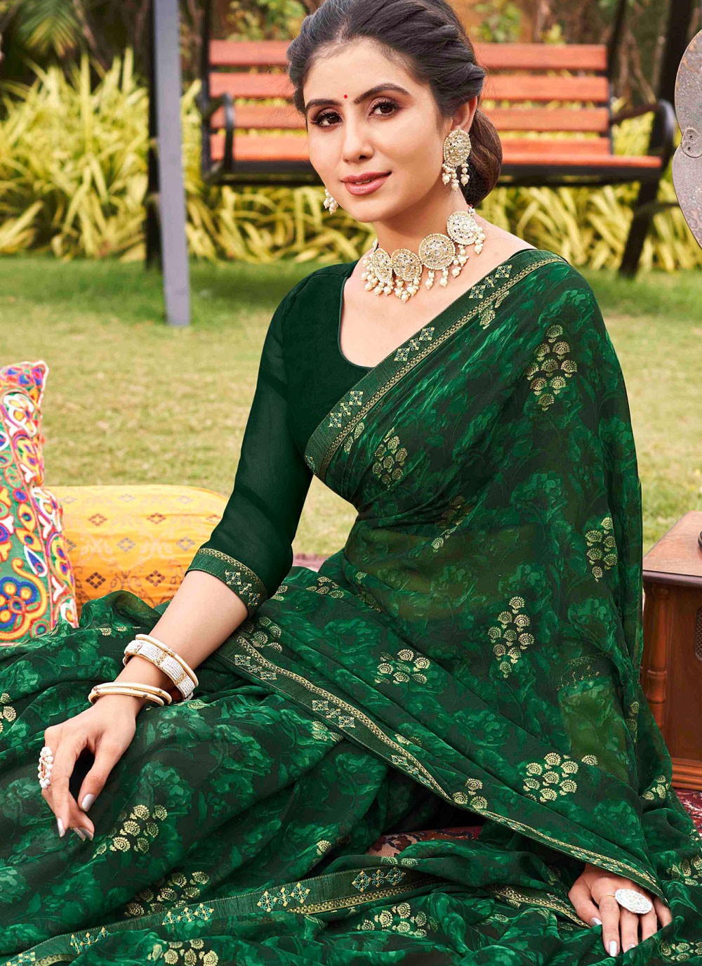 Classic Saree Printed Green Georgette S12452