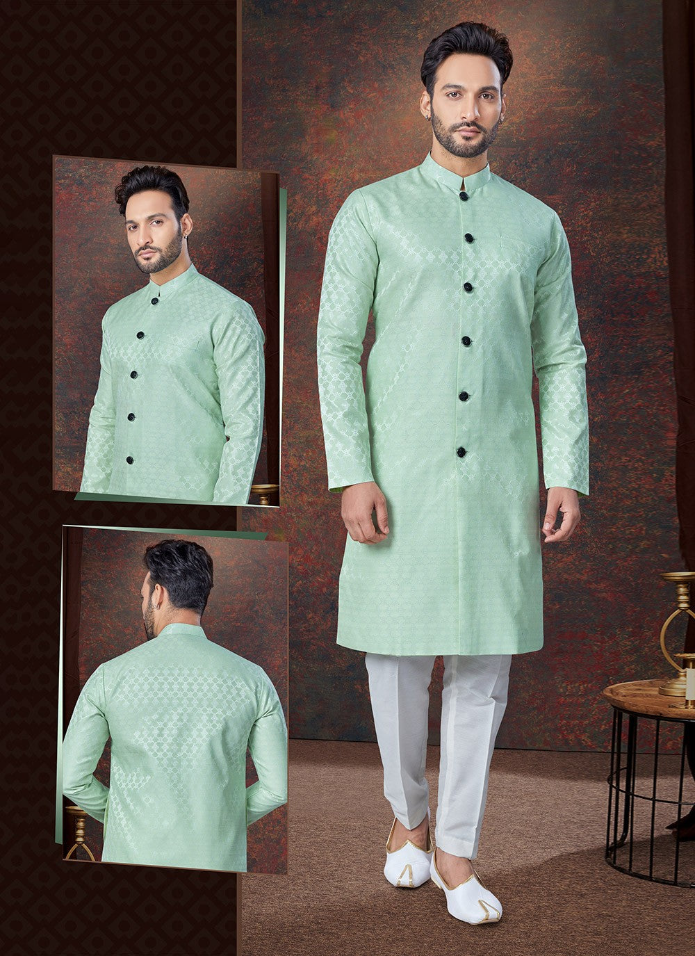 Plain Jacquard Green Indo Western - M7683