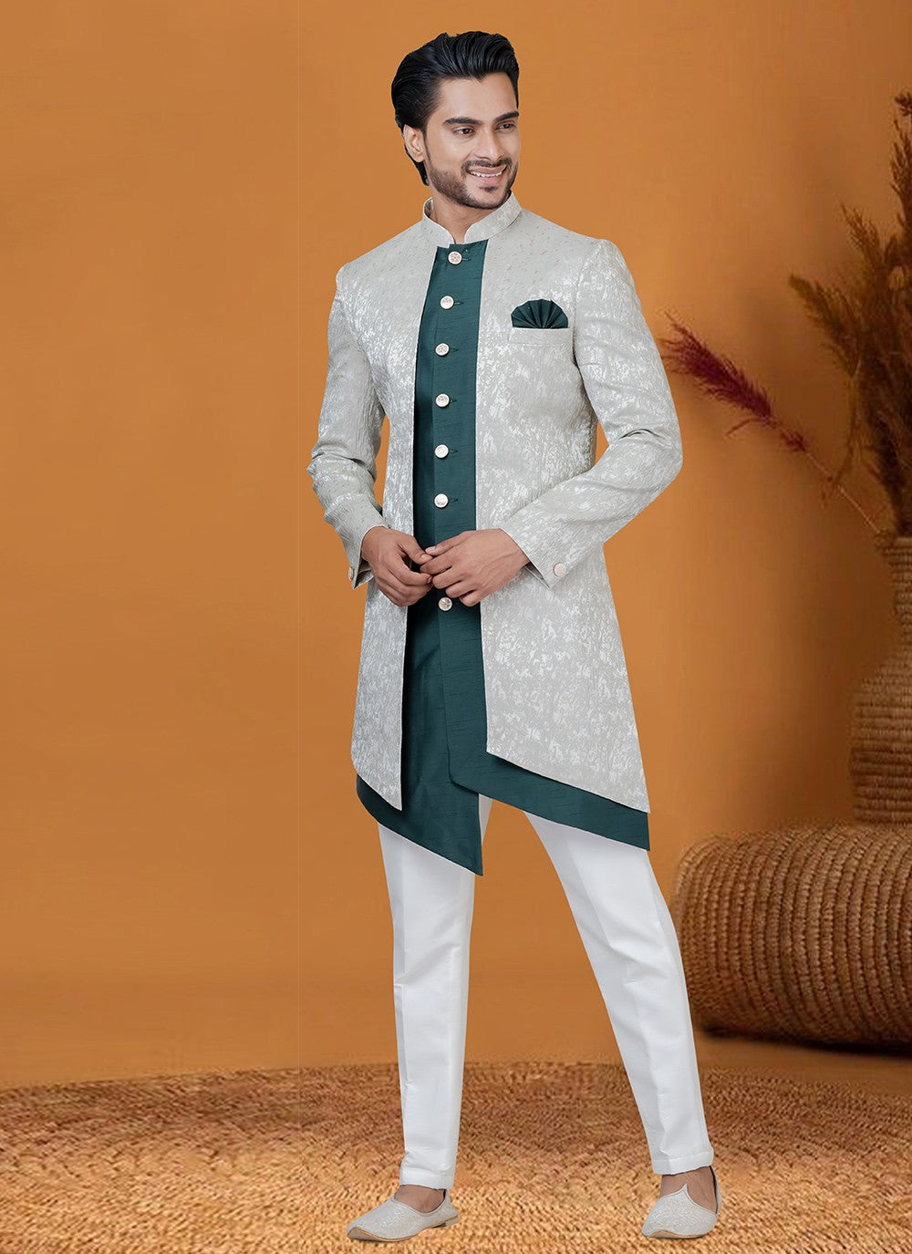 Jacquard Work Jacquard Silk Green Indo Western - M8413