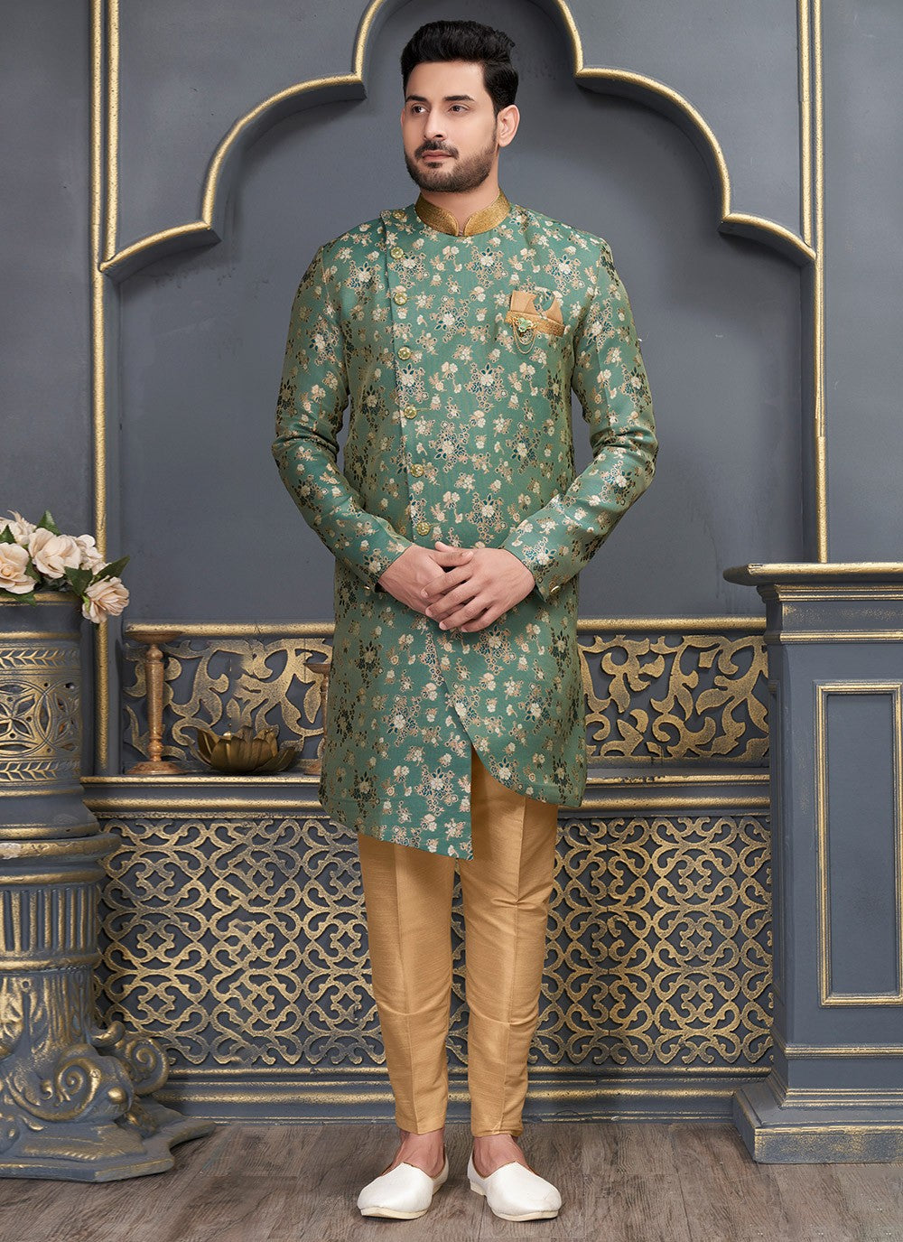 Fancy Work Brocade, Jacquard Silk Green Indo Western - M6463