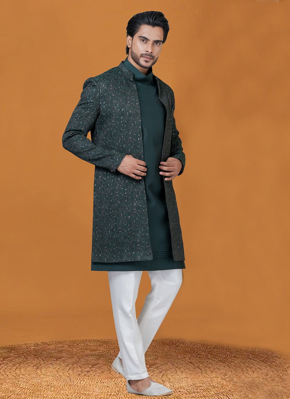 Jacquard Work Jacquard Silk Green Indo Western - M8412