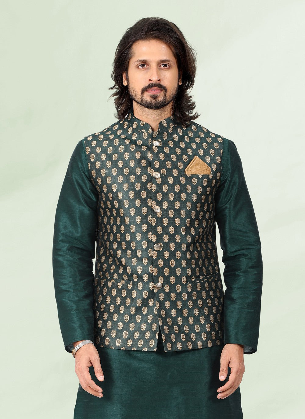 Jacquard Work Banarasi Silk, Jacquard Green Kurta Payjama With Jacket - M4877
