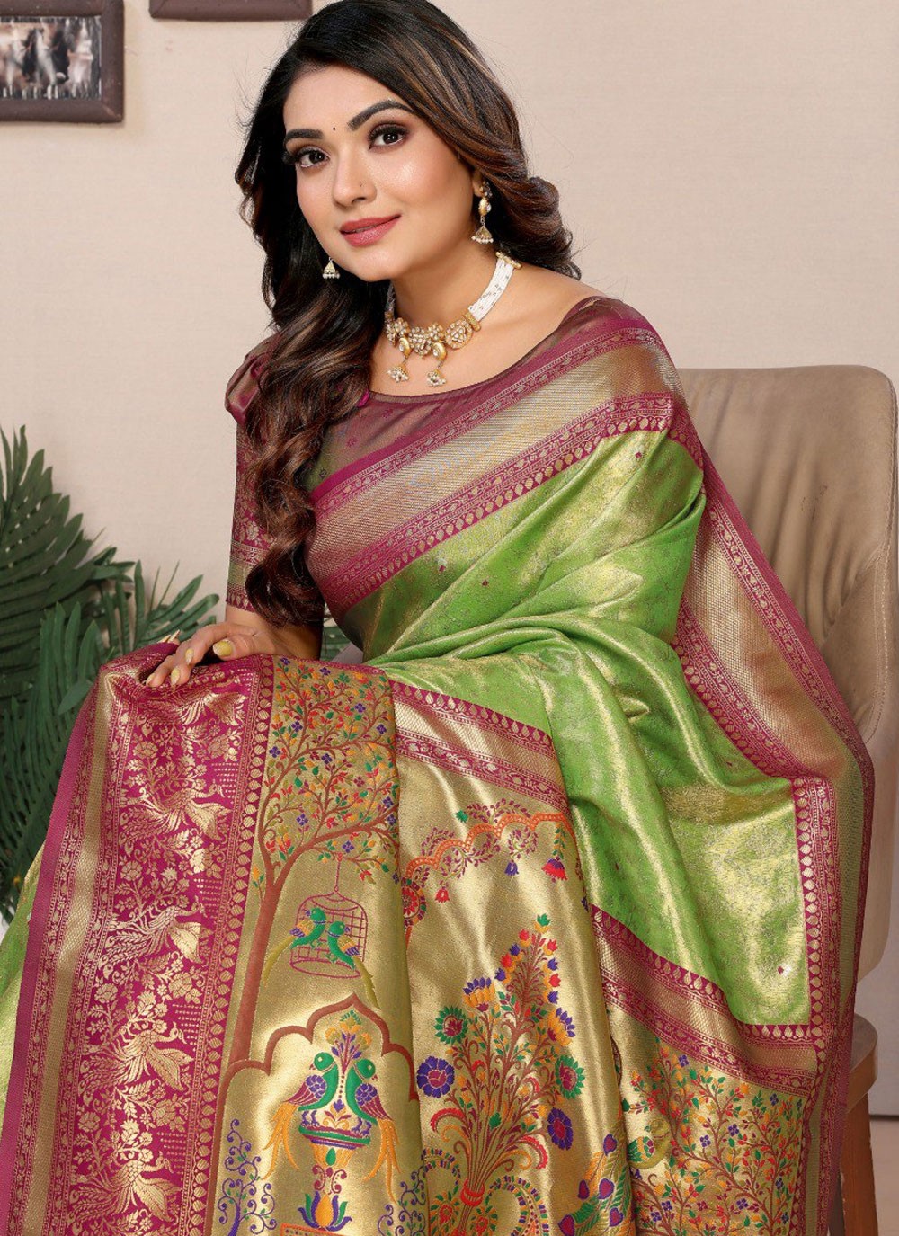Contemporary Jacquard Work Green Silk Saree S12902