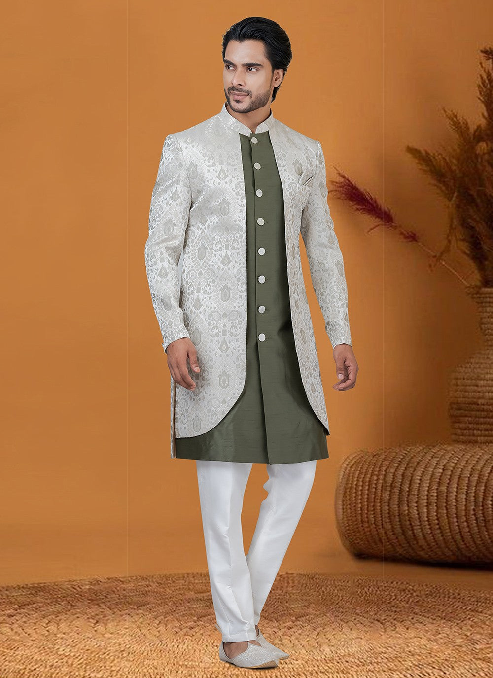 Jacquard Work Jacquard Silk Green Indo Western - M8374