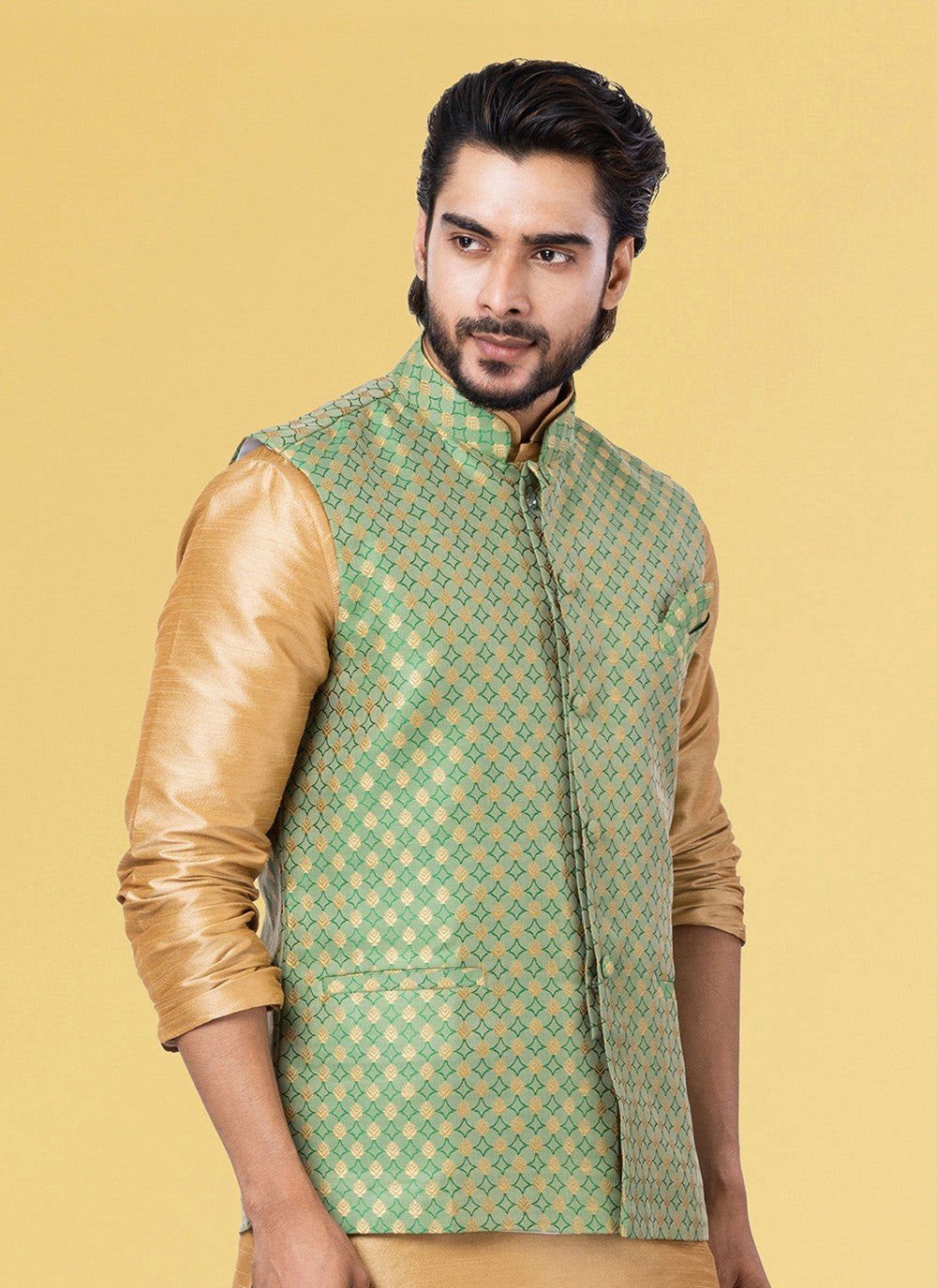 Jacquard Work Silk Green Nehru Jackets - M7442