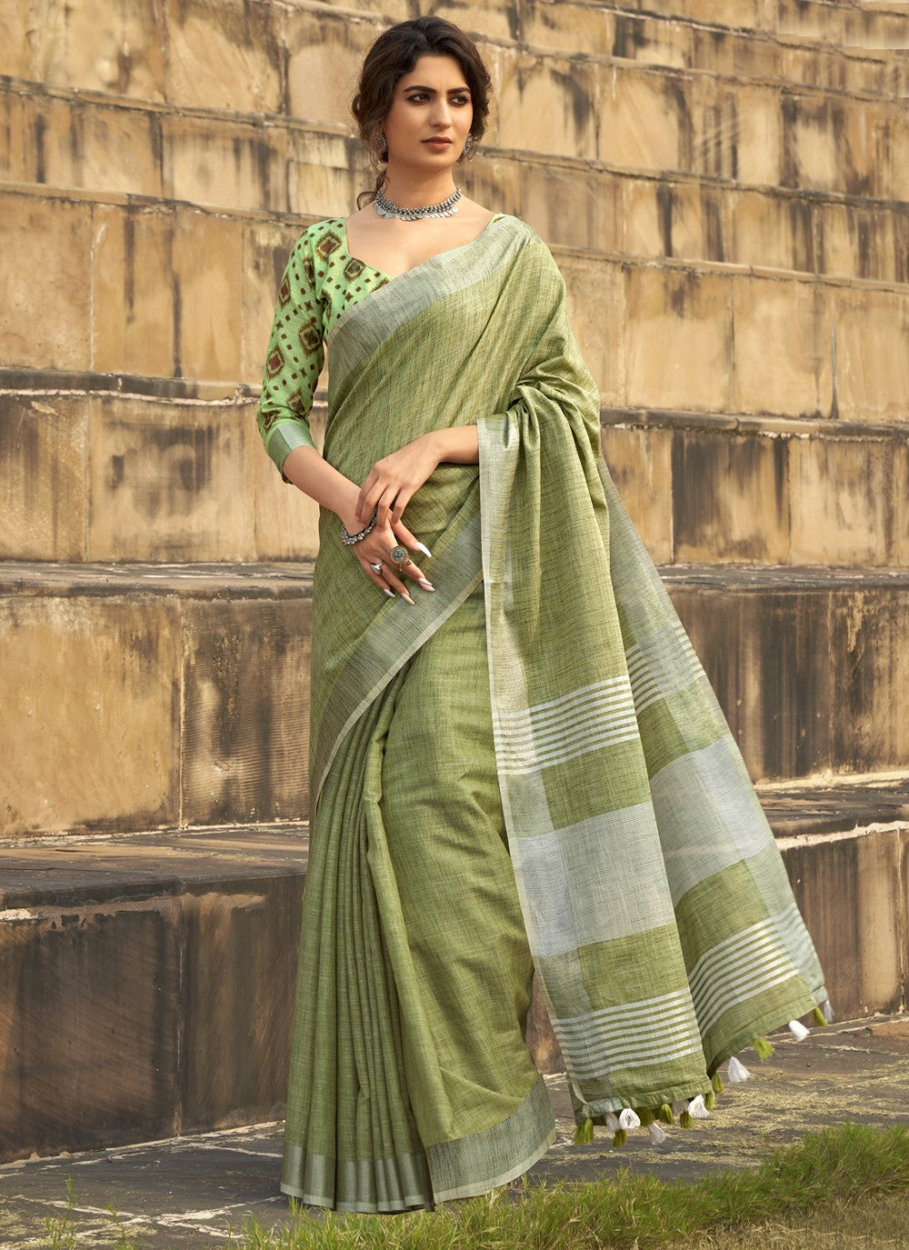 Classic Printed Linen, Silk Saree - S4119