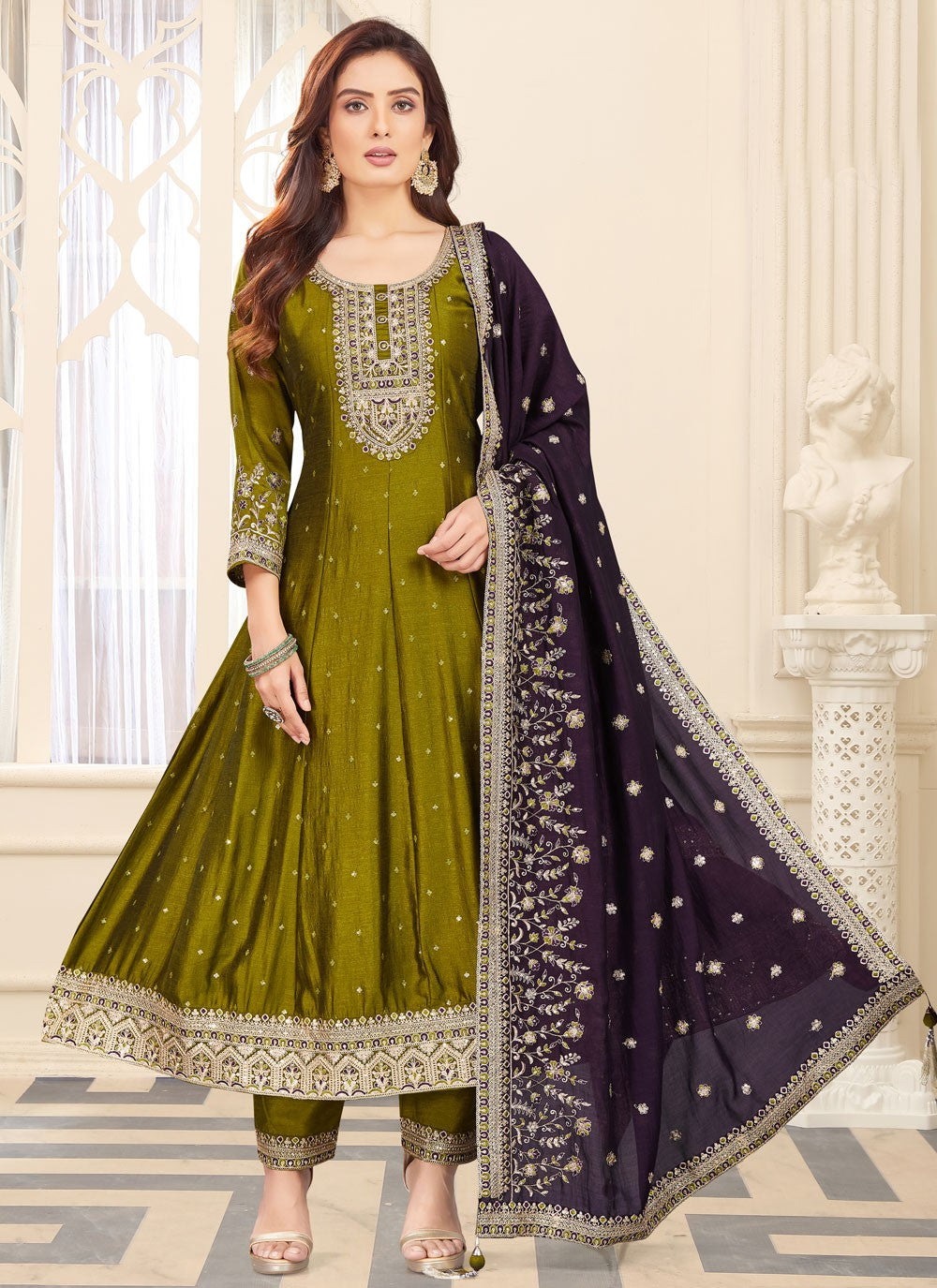 Anarkali Embroidered Green Silk T5585