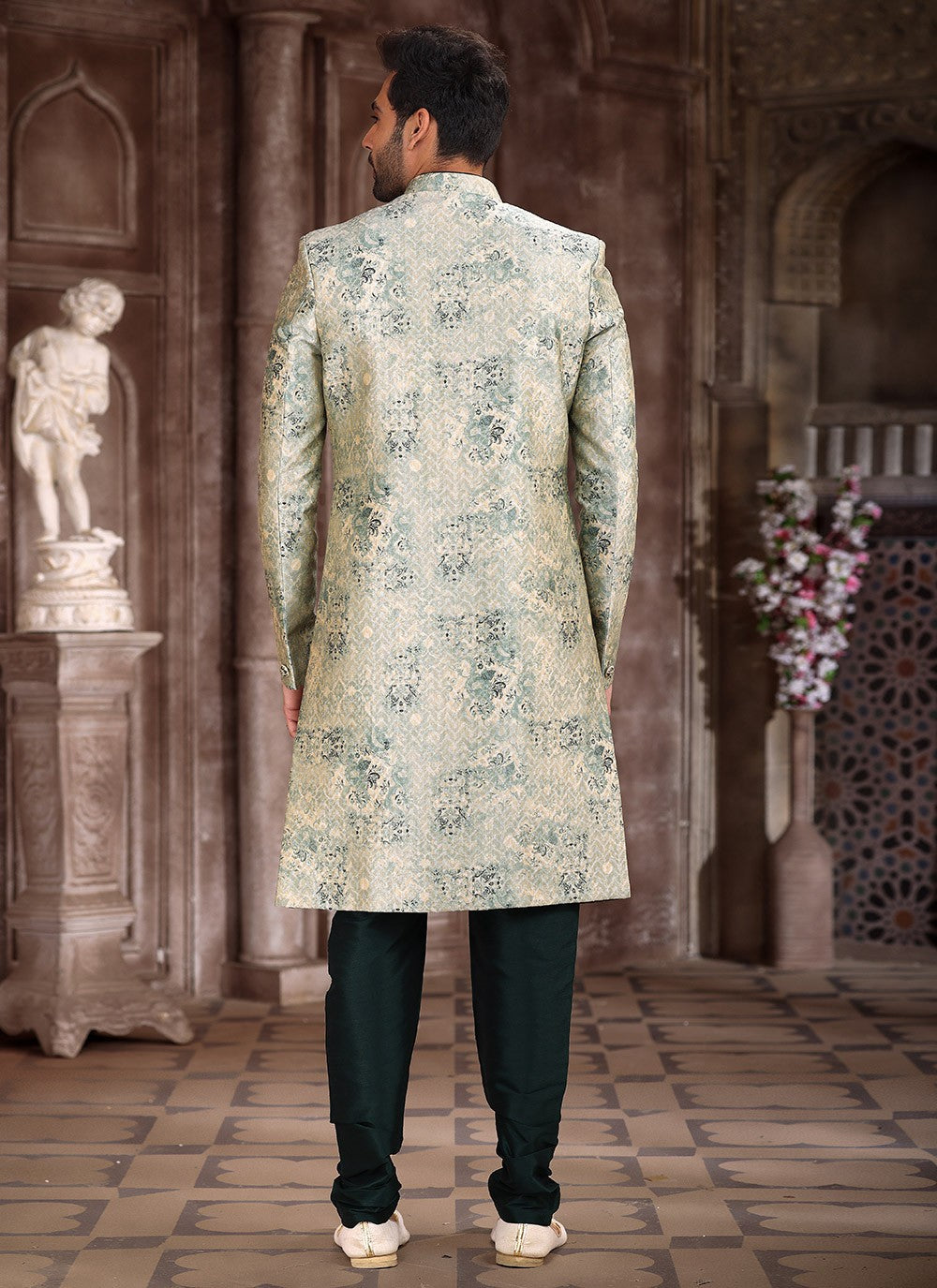 Printed Art Silk Green Indo Western - M5292