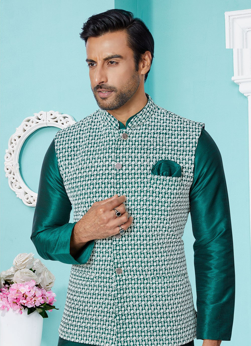 Resham Thread Work Dupion Silk, Viscose Green Kurta Payjama With Jacket - M5474