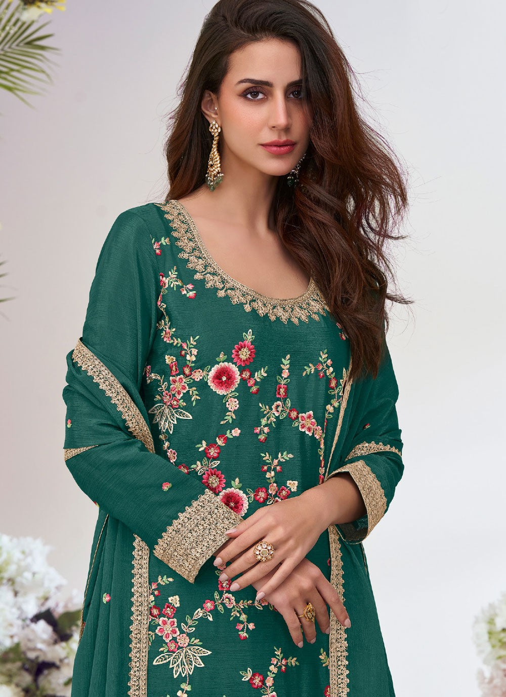 Palazzo Suit Embroidered, Zari Green T8063