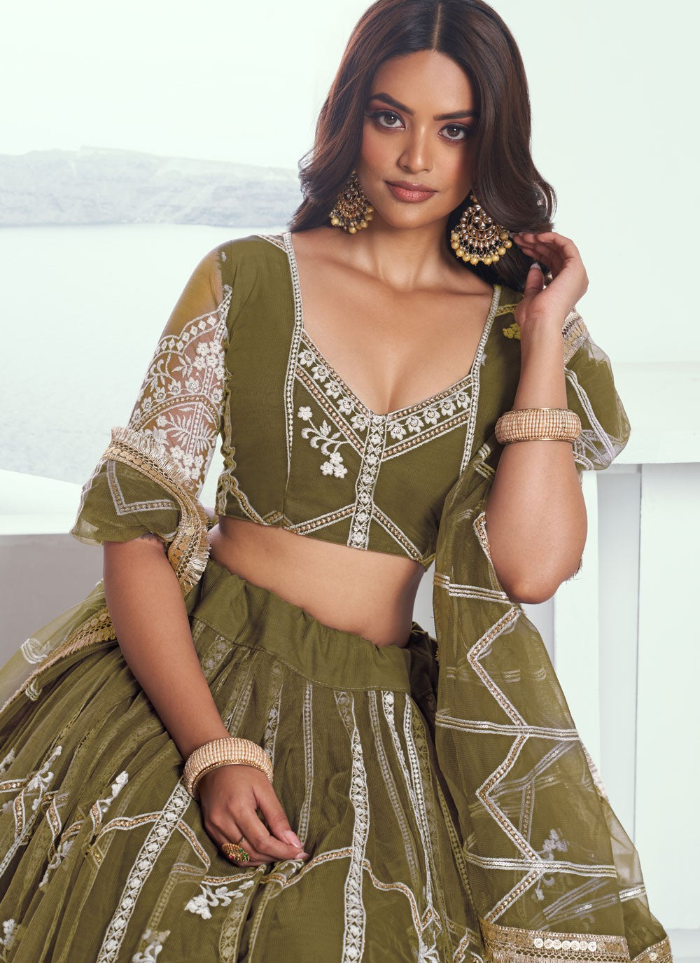 Embroidered Net Green A - Line Lehenga L3776