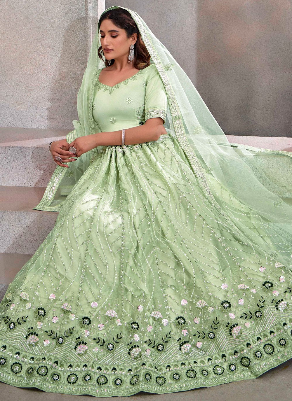 Embroidered Net Green Lehenga - L3245