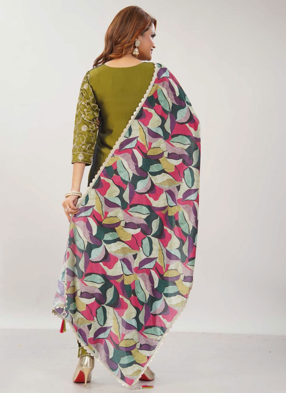 Pant Style Suit Embroidered, Zari Green T7683