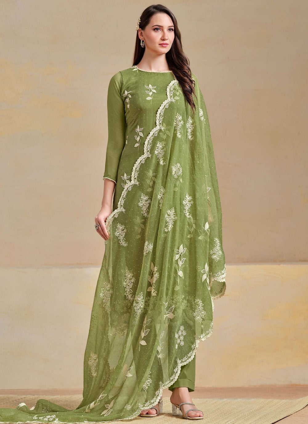 Pant Style Suit Embroidered, Swarovski Green T7712