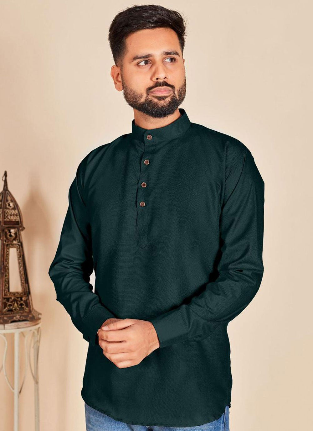 Plain Cotton Green Short Kurta - M6787