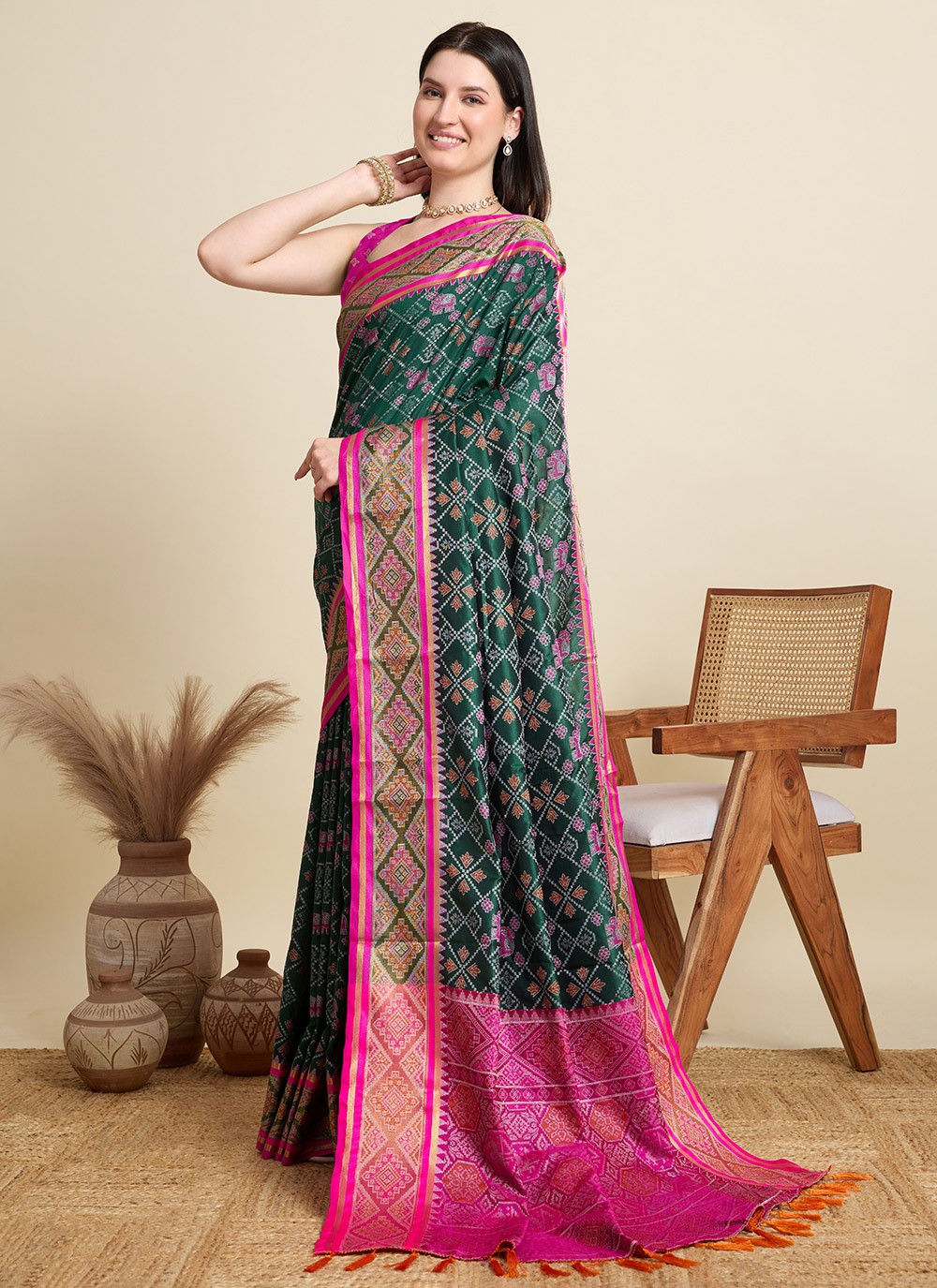 Green Patola Silk Contemporary Saree Meenakari S15942