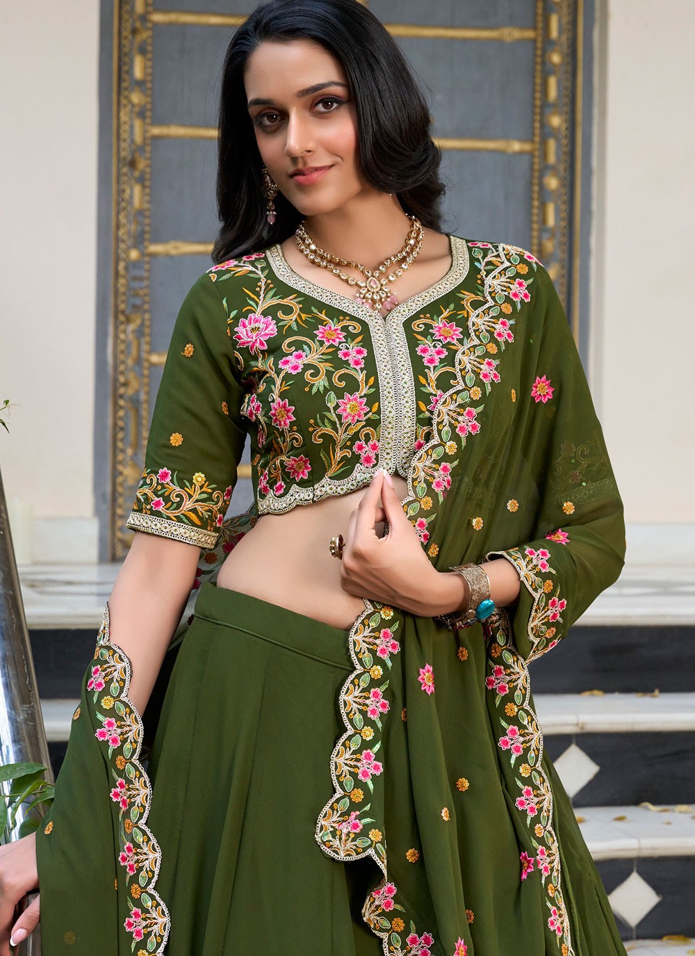 Georgette Ceremonial, Festival, Mehandi & Sangeet A - Line Lehenga L3620