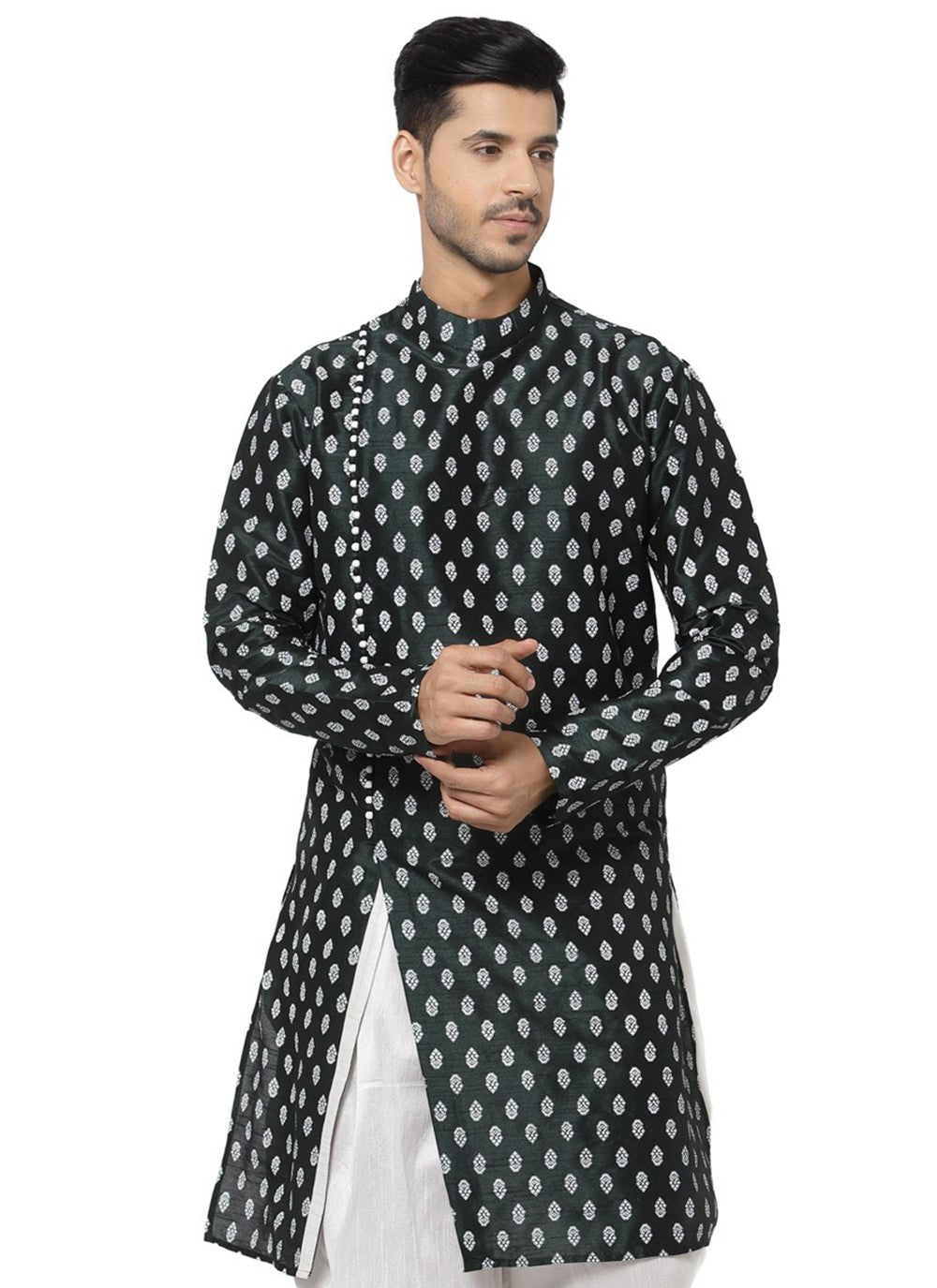 Printed Dupion Silk Green Angrakha - M3178