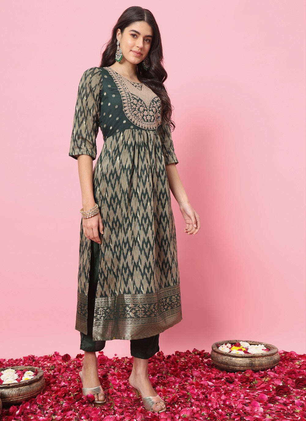 Pant Style Suit Embroidered, Printed Green T7211