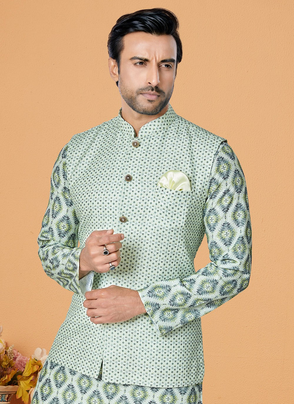 Printed Polyester Green Nehru Jackets - M7428