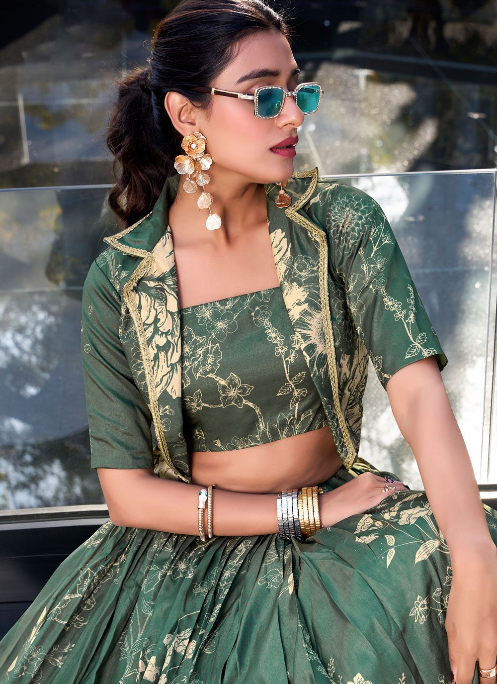 Floral Printed Tussar Silk Green Readymade Lehenga Choli L3791