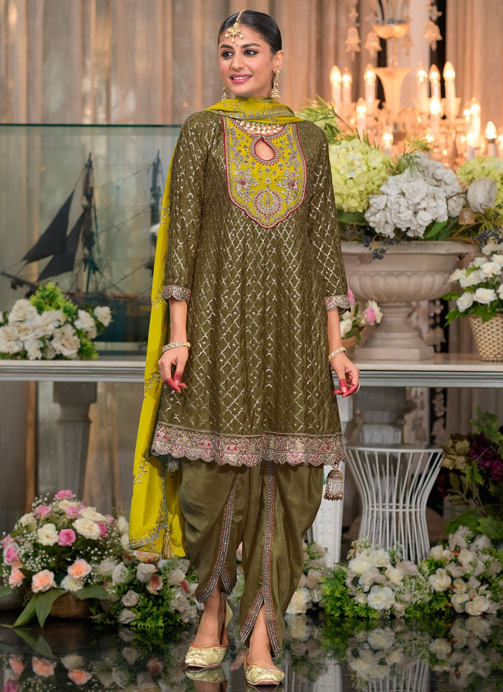 Embroidered Chinon Green Salwar Suit T6200