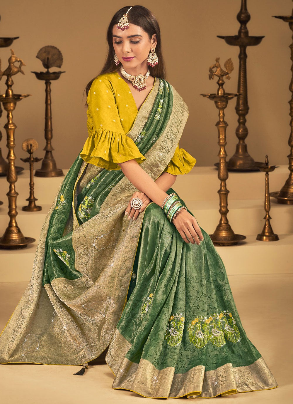 Green Silk Classic Saree Embroidered, Fancy Work, Stones, Swarovski, Weaving Zari, Zari S19460