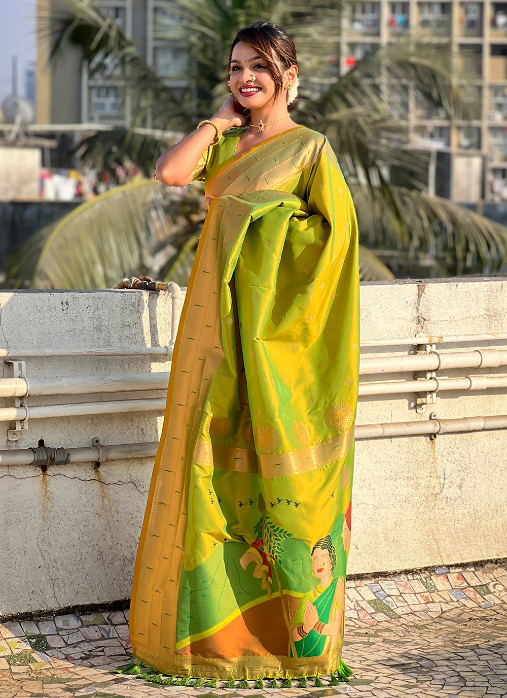 Contemporary Weaving Zari Green Silk Saree S13563