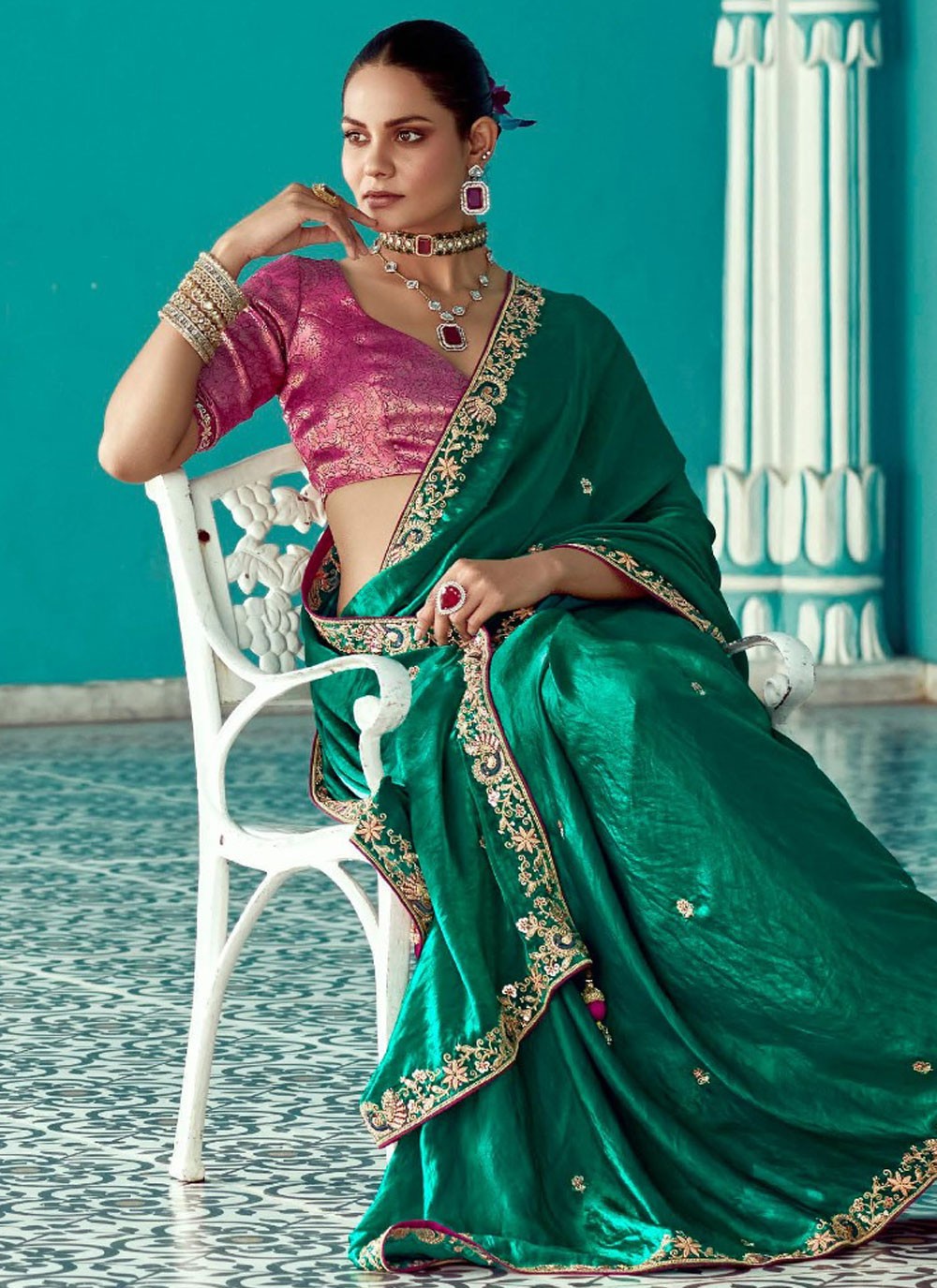 Trendy Saree Embroidered Green Glass Tissue Saree S13278