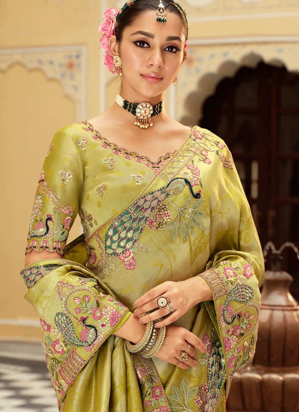 Green Jacquard Silk Contemporary Saree Embroidered S19727