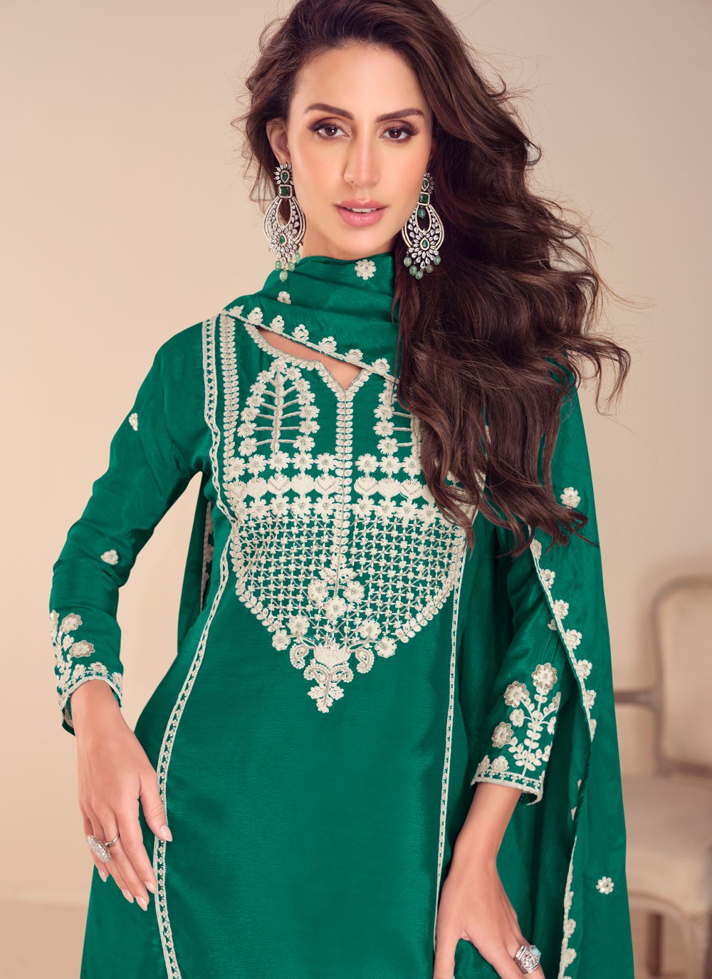 Embroidered Chinon Green Salwar Suit T6018